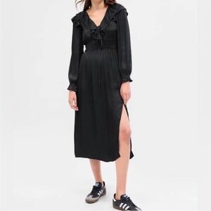 GAP  Black Satin Ruffle Midi Dress S Small Tall